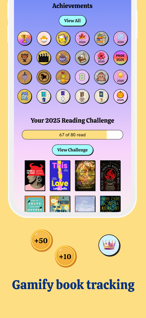 Pagebound: Social Book Tracker - The Pagebound app screen displaying various reading achievements badges and a progress bar for the 2025 reading challenge