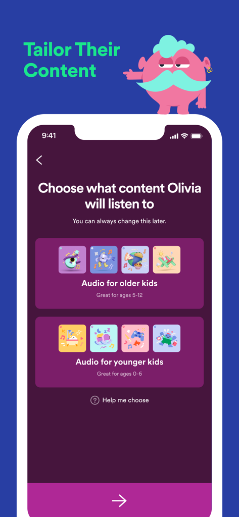 Interface do aplicativo Spotify Kids mostrando opções para selecionar conteúdo de áudio para crianças mais novas ou mais velhas