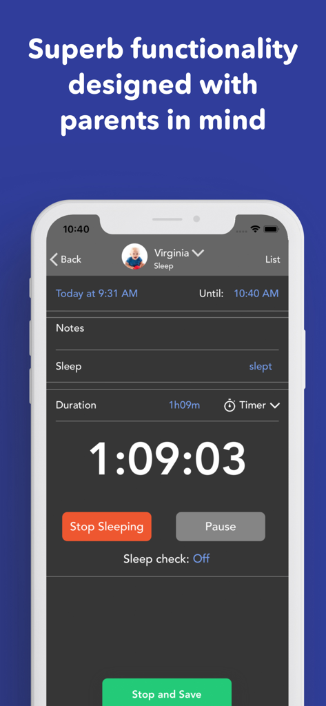 Baby Connect: Newborn Tracker - Interface of Baby Connect app showing a live sleep timer for a baby named Virginia
