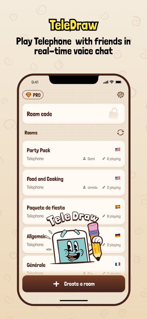 TeleDraw: Telephone Pictionary - A mobile screen from the TeleDraw app showing a list of social game rooms with real-time voice chat