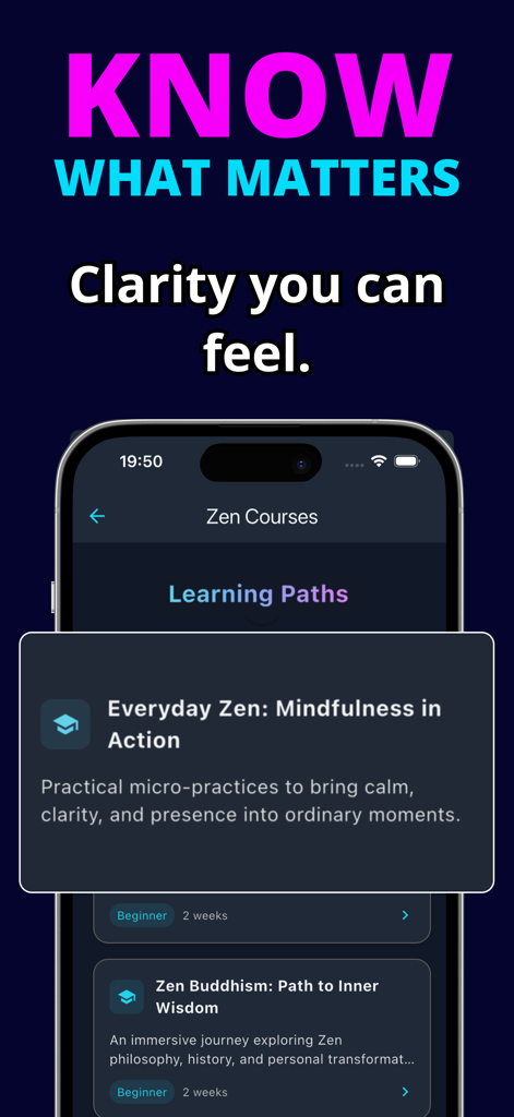 Zen Daily: Buddhism Practice - Pantalla de la app móvil que muestra rutas de aprendizaje de budismo Zen y cursos de atención plena para la práctica diaria.