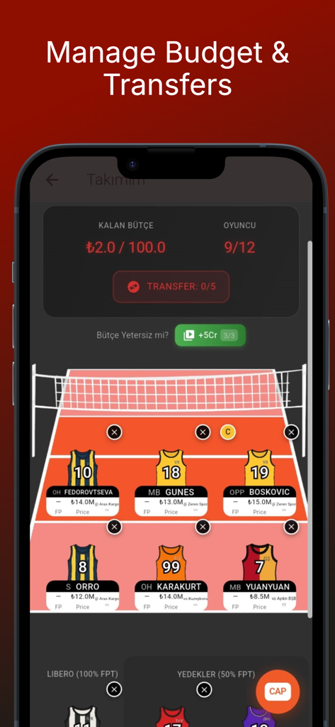 Una interfaz móvil de la aplicación SetPoint que muestra una cancha de voleibol con una alineación de equipo de fantasía y herramientas de gestión de presupuesto.