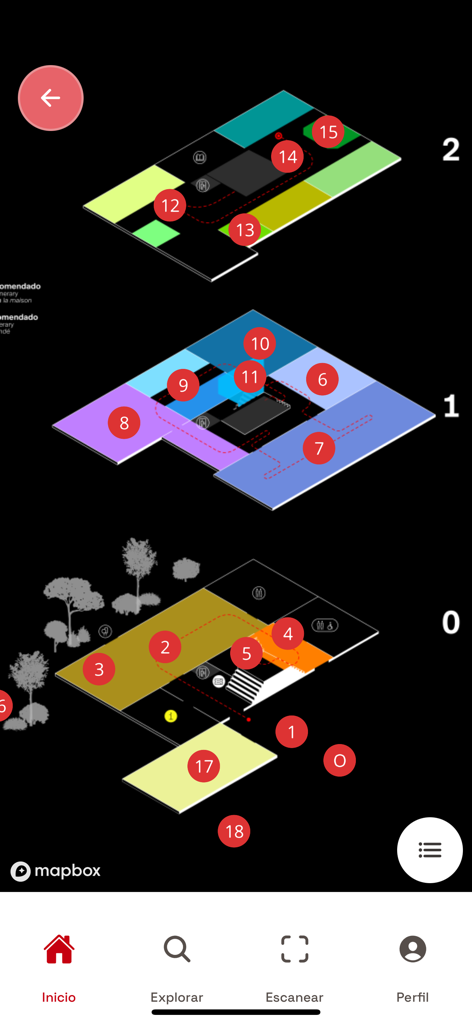 Te cuento - Three level 3D interactive map of a museum with numbered tour locations in the Te Cuento app