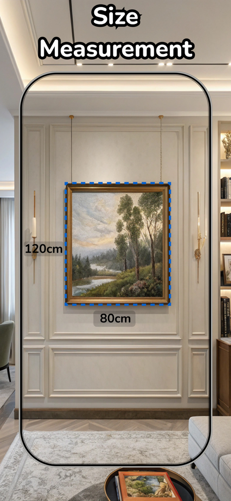 Smartphone screen showing an AR ruler app measuring a landscape painting on a wall with height and width dimensions.