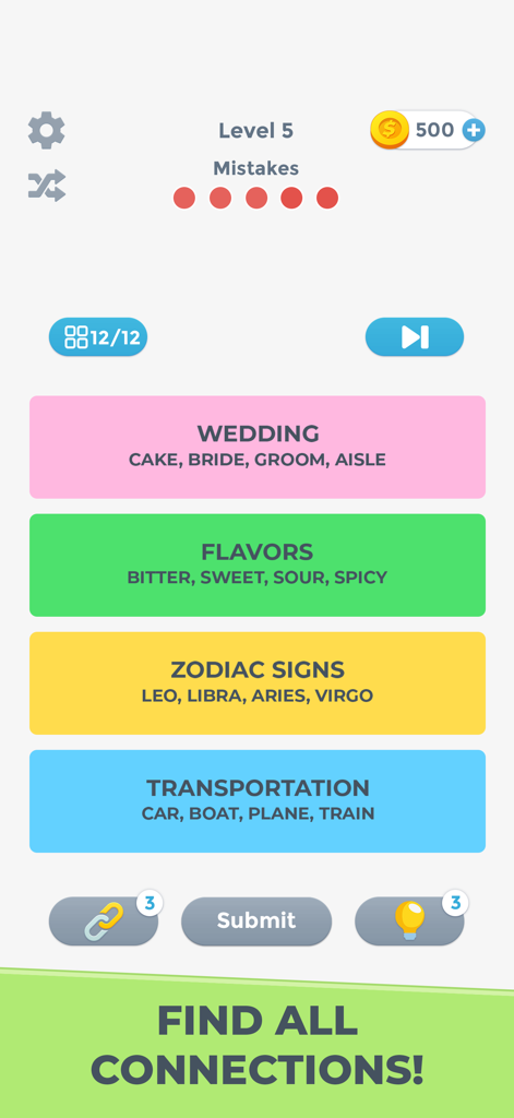 Connections Word Game - Gameplay-Screenshot des Connections Wortspiels, der gelöste Wortkategorien wie Hochzeit, Geschmacksrichtungen und Sternzeichen zeigt.