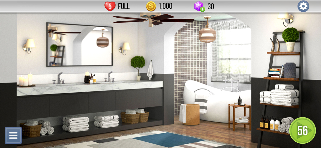 Home Design : Stay Here - Un moderno diseño de interiores de baño 3D con un tocador de mármol y una bañera exenta en la aplicación Home Design Stay Here.