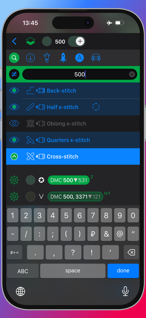 Search bar and stitch type filter interface in the Cross Stitch Saga app showing DMC floss options.