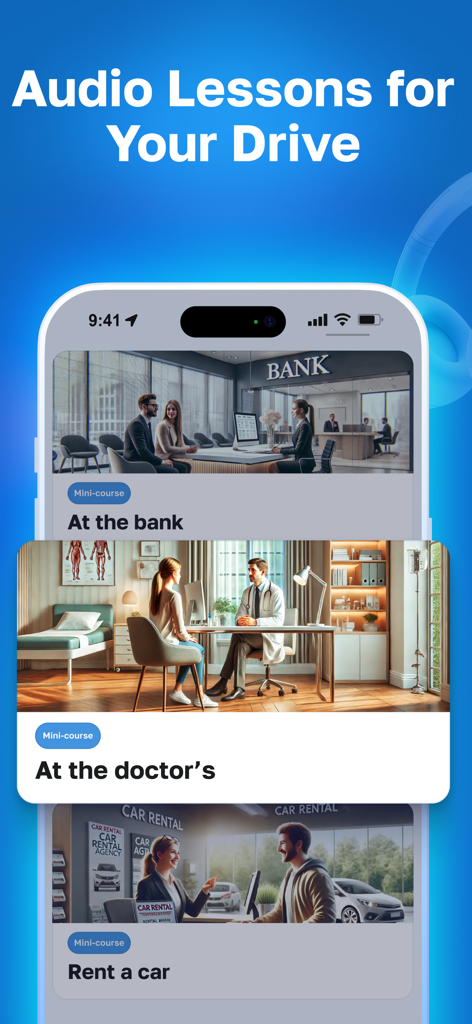 Lisn Learn Speak English Audio - App interface showing English audio lessons for real life situations like visiting a doctor or bank