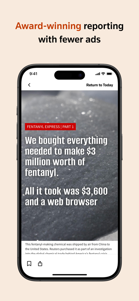 Reuters - Breaking World News - Interface do aplicativo Reuters exibindo uma reportagem investigativa sobre fentanil e o slogan reportagem premiada com menos anúncios