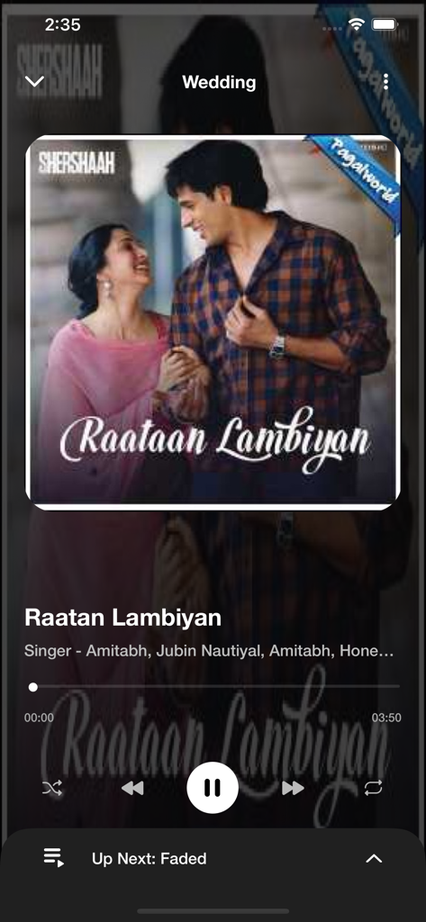 Melodify Music and Podcasts - Melodify app music player screen displaying song Raatan Lambiyan with playback controls and album art
