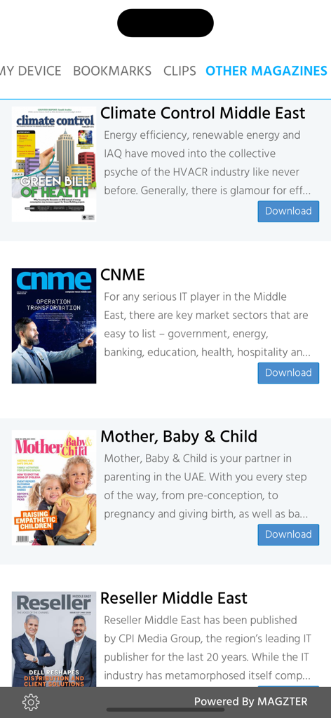 Un menu dans l'application BBC Good Food ME montrant une liste d'autres titres de magazines du Moyen-Orient disponibles au téléchargement.