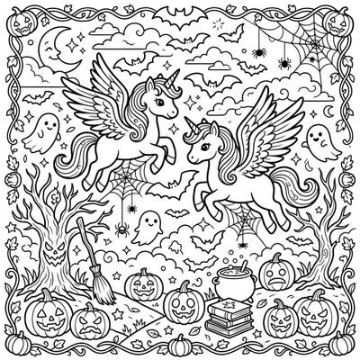 Unleash your creativity with this delightful Halloween coloring page featuring two majestic winged unicorns soaring through a spooky-fun landscape. Filled with charming ghosts, carved pumpkins, and whimsical bats, it's perfect for a magical autumn coloring session.
