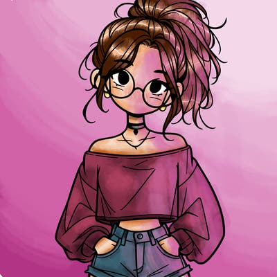 girl with a messy ponytail glasses a baggy crop top and jean shorts