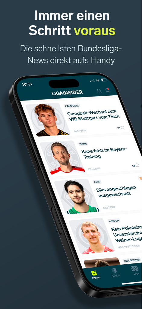 LigaInsider Plus - A smartphone displaying the LigaInsider Plus app news feed with real time Bundesliga soccer updates and player news
