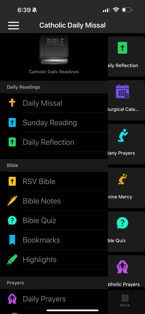 Catholic Missal & Prayer 2026 - Catholic Missal app menu screen showing daily readings, RSV Bible, and prayer options