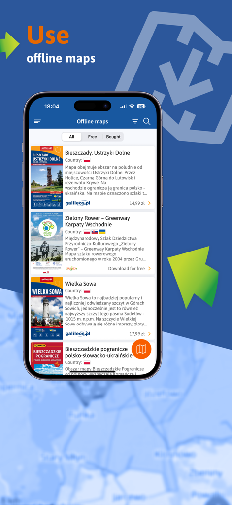 Traseo app interface displaying various downloadable offline maps for European hiking and cycling trails.