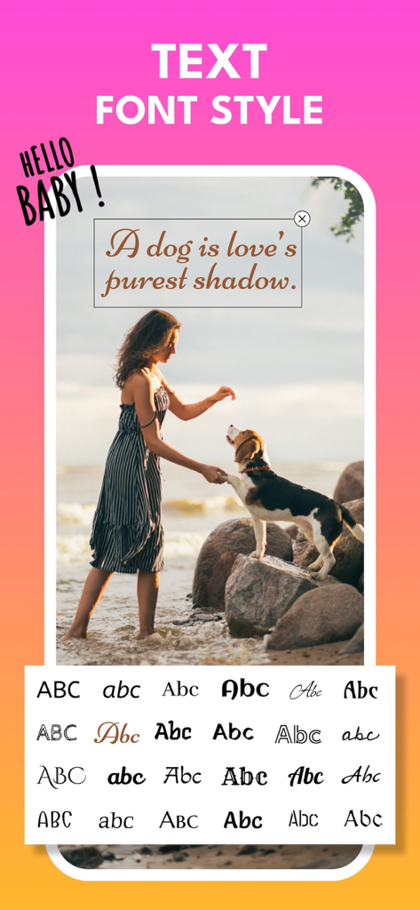 Pic Collage Maker - Photo Grid - Interfaz de Pic Collage Maker que muestra varias opciones de estilo de fuente sobre una foto de una mujer y un perro en la playa