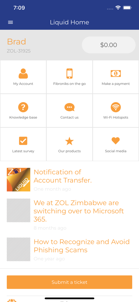 Main dashboard of the myLiquid Home Zimbabwe app showing user account balance and service icons like payment and wifi hotspots