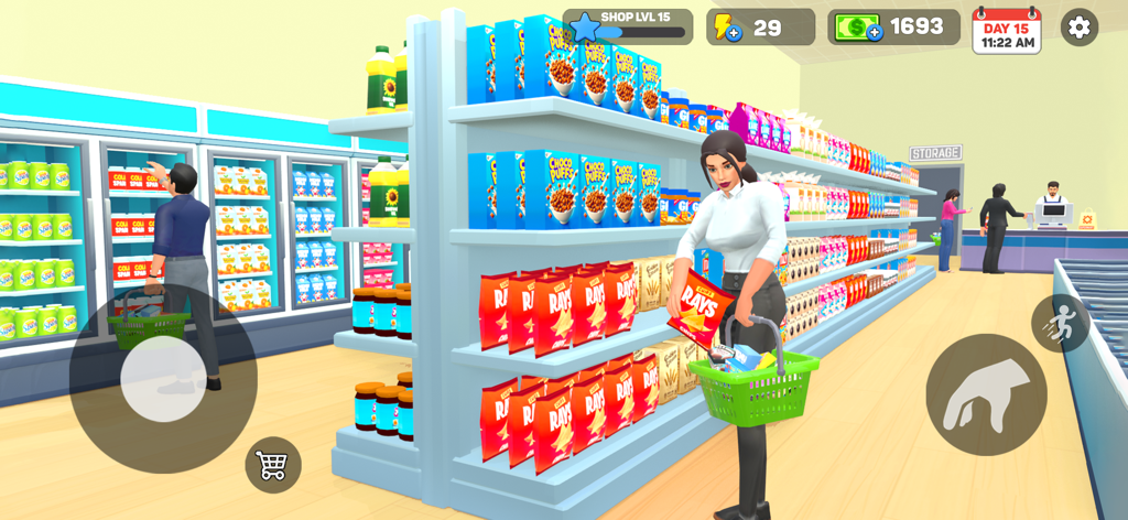 Un cliente seleccionando artículos de los estantes del supermercado en el juego móvil My Supermarket Simulator 3D