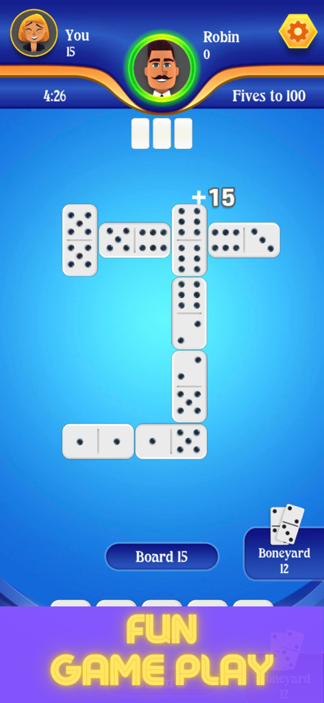 Dominoes For Real Cash Skillz - Gameplay screenshot of a dominoes match showing tiles on a blue board and player scores