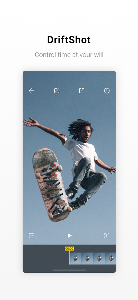 Insta360 ONE X - Insta360 ONE X app showing the DriftShot feature while editing a video of a skateboarder mid air.