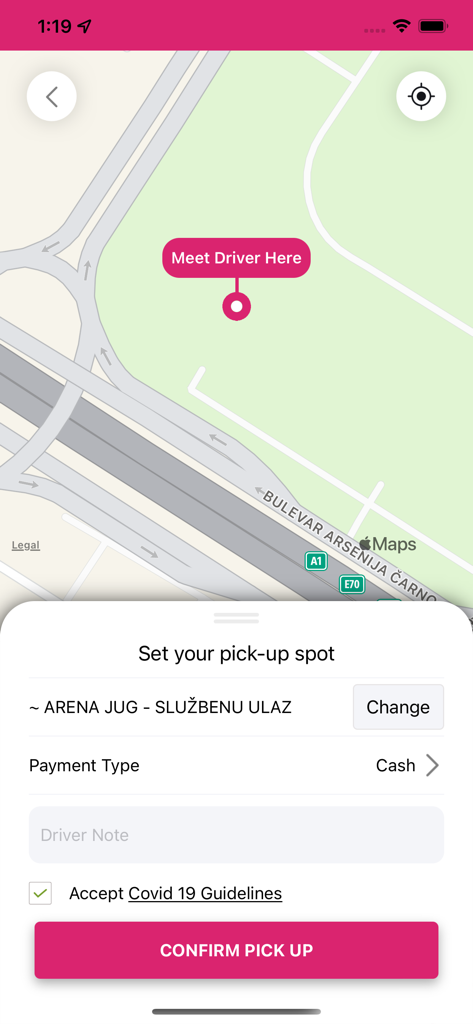Pink Taxi Beograd app screen for setting a pickup spot and choosing payment method