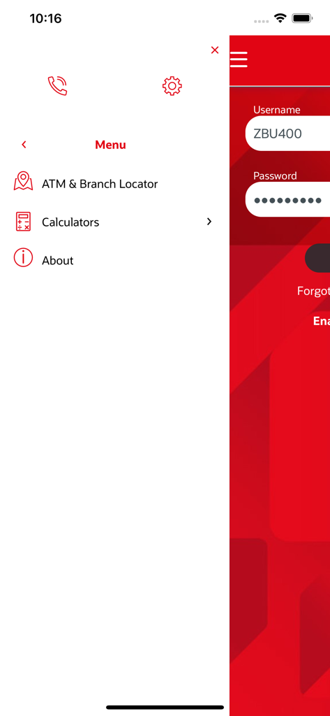 Ziraat Bank Mobile Uzbekistan - Ziraat Bank Mobile Uzbekistanアプリのサイドメニュー。ATMロケーターと計算機が表示されています。