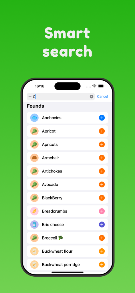 Resultados de busca inteligente para itens de supermercado no aplicativo Shared Grocery em um iPhone