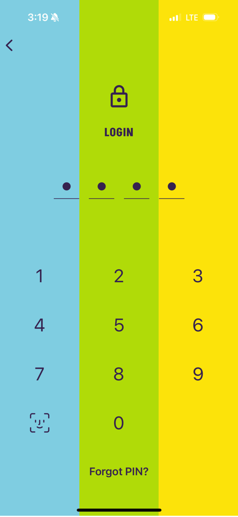 ANSA Bank Mobile - Pantalla de inicio de sesión de la aplicación ANSA Bank Mobile con un teclado numérico para PIN e ícono biométrico de Face ID
