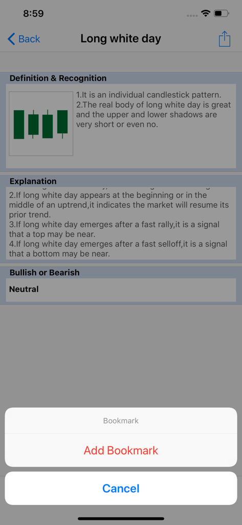 CandleStick Chart&Pattern Lite - Detailed screen showing the definition and explanation of the Long White Day candlestick pattern in the trading app