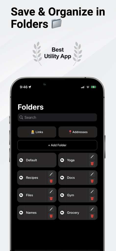 Smartphone-Bildschirm, der die Ordnerfunktion zur Organisation des Zwischenablageverlaufs in der Zwischenablage-Tastatur-Manager-App anzeigt