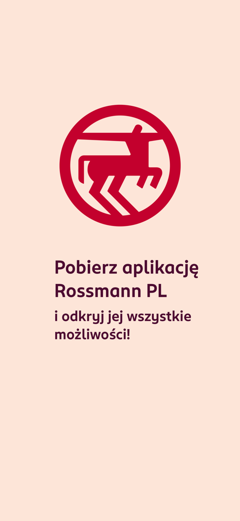 Pantalla de bienvenida de la app móvil Rossmann PL con el logotipo del centauro rojo y una invitación a descargar y descubrir sus funciones en polaco.