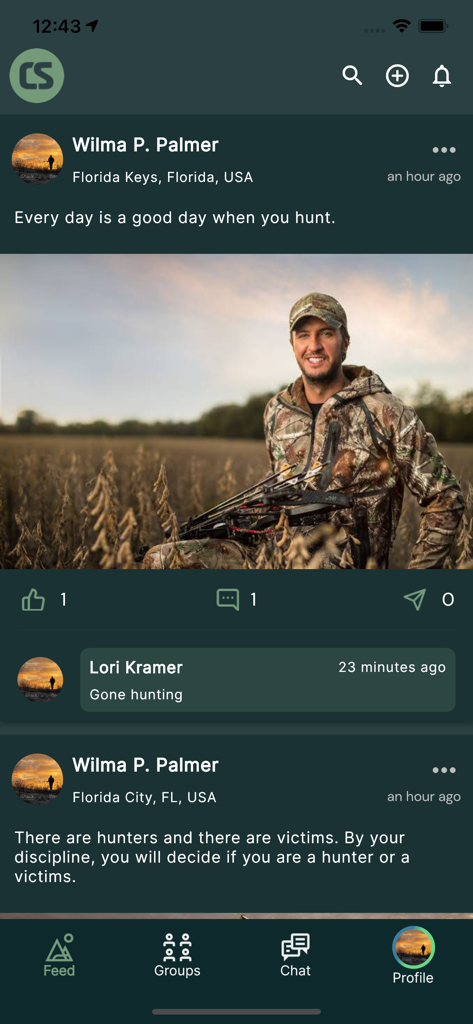 CamoSpace - Social media feed of the CamoSpace app featuring a post from a hunter in camouflage gear