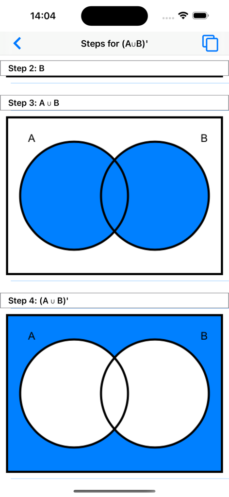 Venn Diagram Shader - Una interfaz móvil que muestra el sombreado visual paso a paso para la expresión del diagrama de Venn Complemento de la unión de A y B.