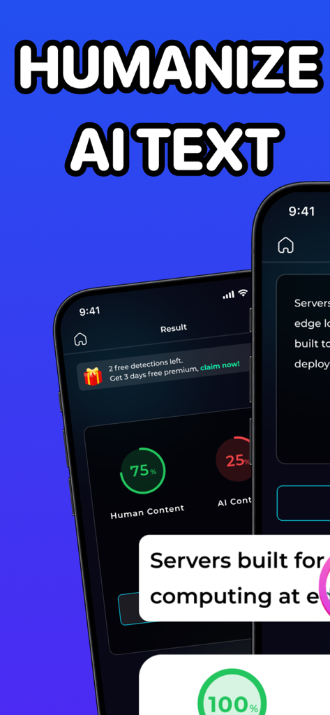 BypassAI - AI Detector Check - Interface de l'application BypassAI montrant les résultats de détection IA et la fonction d'humanisation du texte IA
