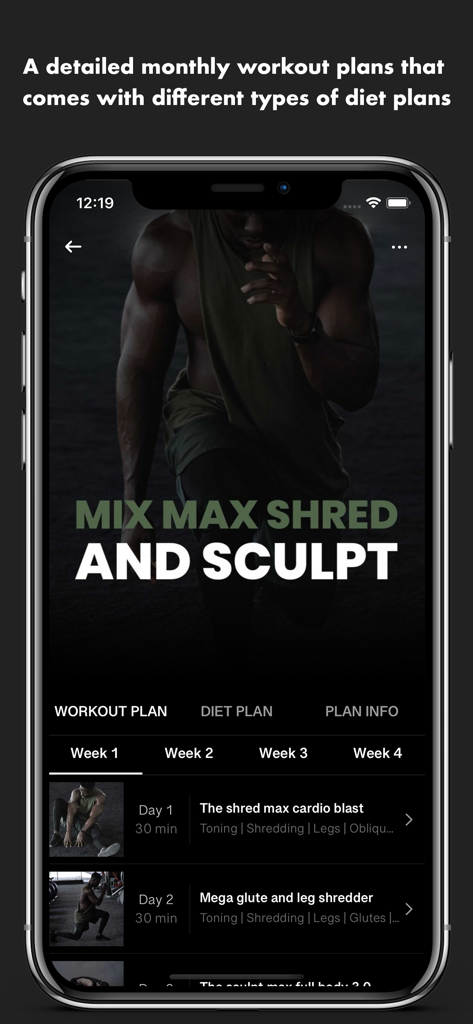 Doviesfitness app interface showing a detailed monthly workout plan titled Mix Max Shred and Sculpt with a daily exercise schedule