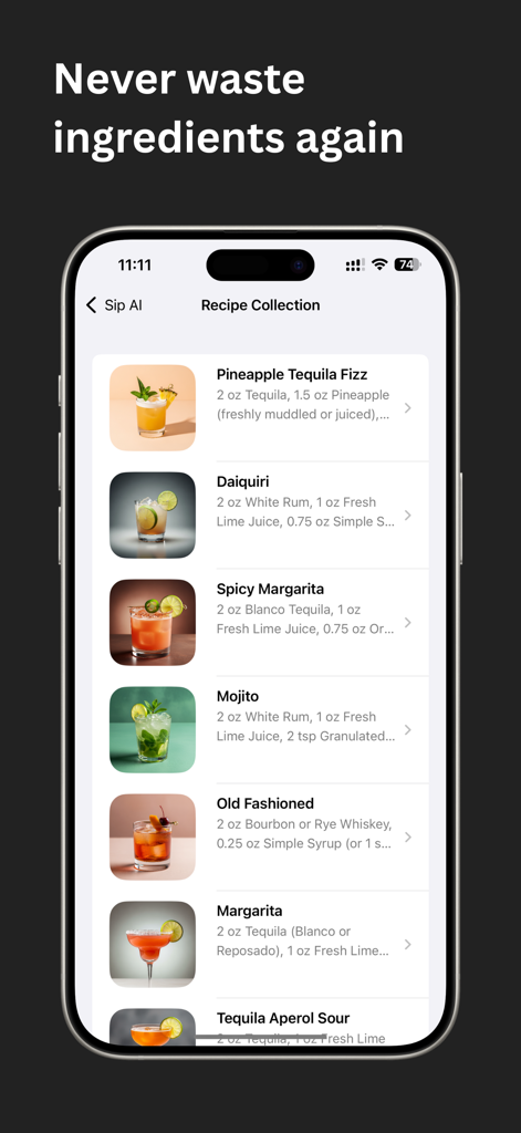 Cocktail Recipes -  Sip AI - Sip AI mobile app screen showing a curated collection of cocktail recipes including Old Fashioned and Margarita