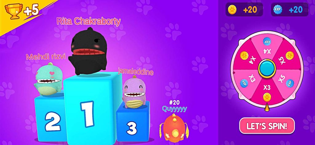 Fall.io - Race of Dino - Dinosaur characters on a winners podium next to a lucky prize wheel in Fall.io Race of Dino