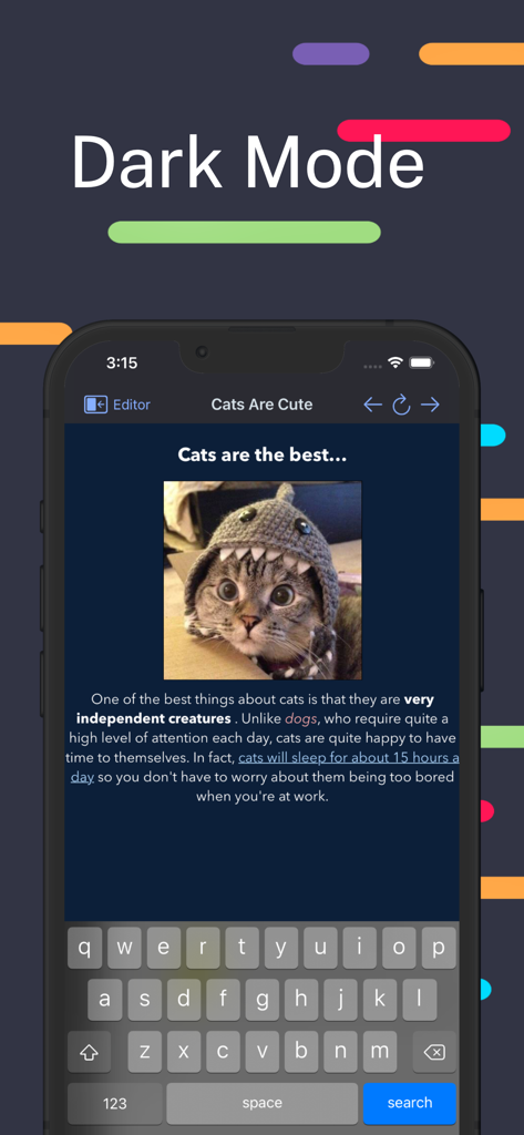 HTML Editor - HTML Editor app interface showing dark mode and a live website preview on a mobile device