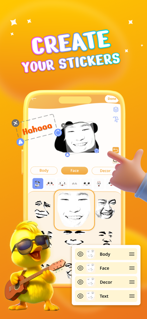 Funny Emoji - WASticker Maker - Interfaz de la aplicación para crear stickers personalizados con caras de memes y superposiciones de texto.