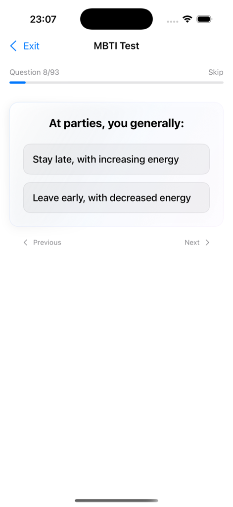 A question from the HoopMBTI personality test asking about social energy at parties