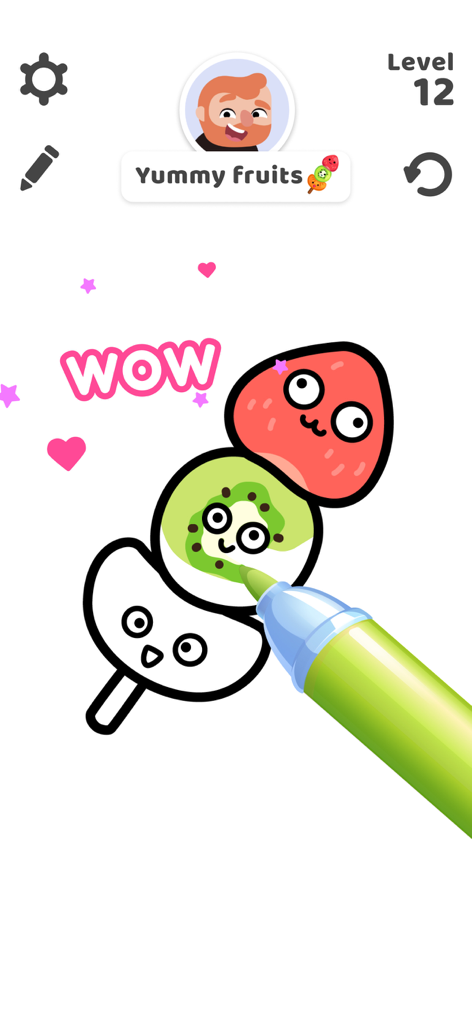 Color Page 2 ASMR - Art game - A digital green marker coloring a cute fruit skewer with faces in the Color Page 2 ASMR game.