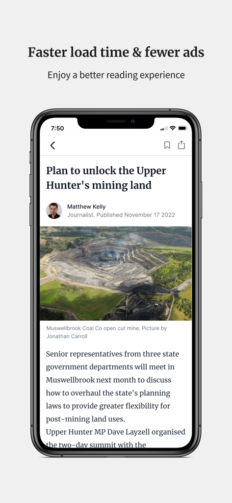 Newcastle Herald - A smartphone displaying a news article on the Newcastle Herald app with a clean interface and faster load times