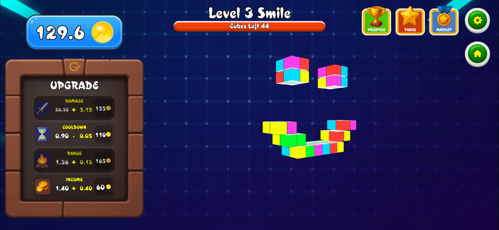 Ostec Crumble - Gameplay screenshot of Ostec Crumble showing a colorful block smiley face and the upgrade menu