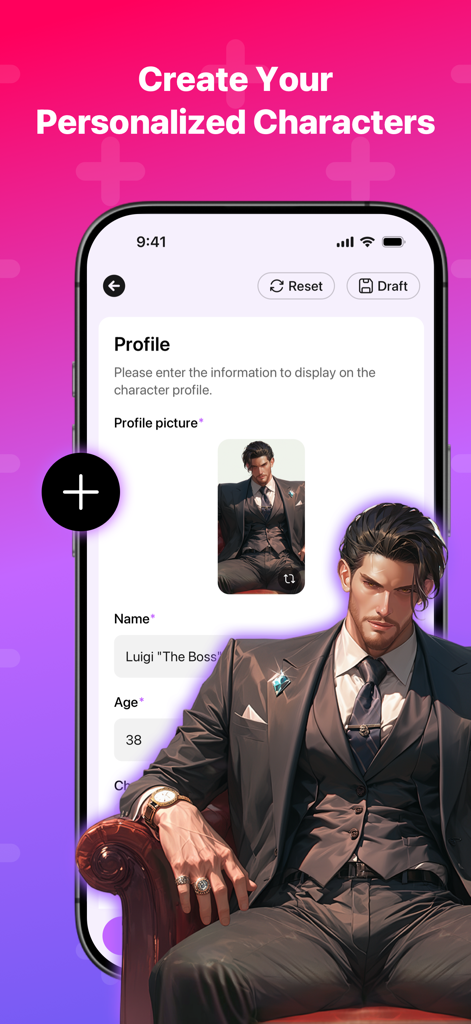 Interface of Crushie AI app showing how to create and customize a personalized AI character profile.