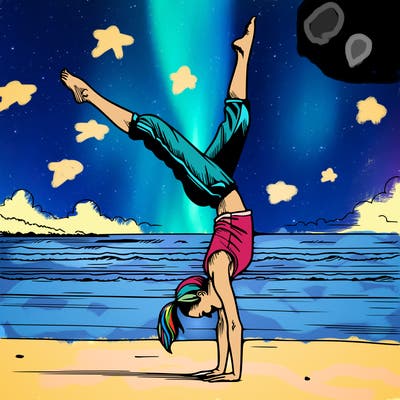 a realistic girl doing a handstand on the beach