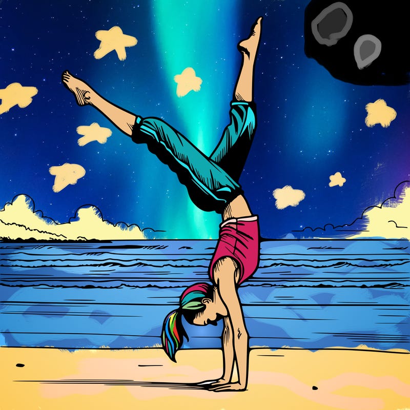 a realistic girl doing a handstand on the beach