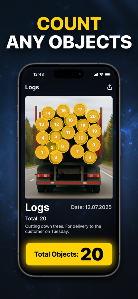 Mobile app interface displaying an automated count of 20 logs on a truck trailer for logistics and inventory purposes