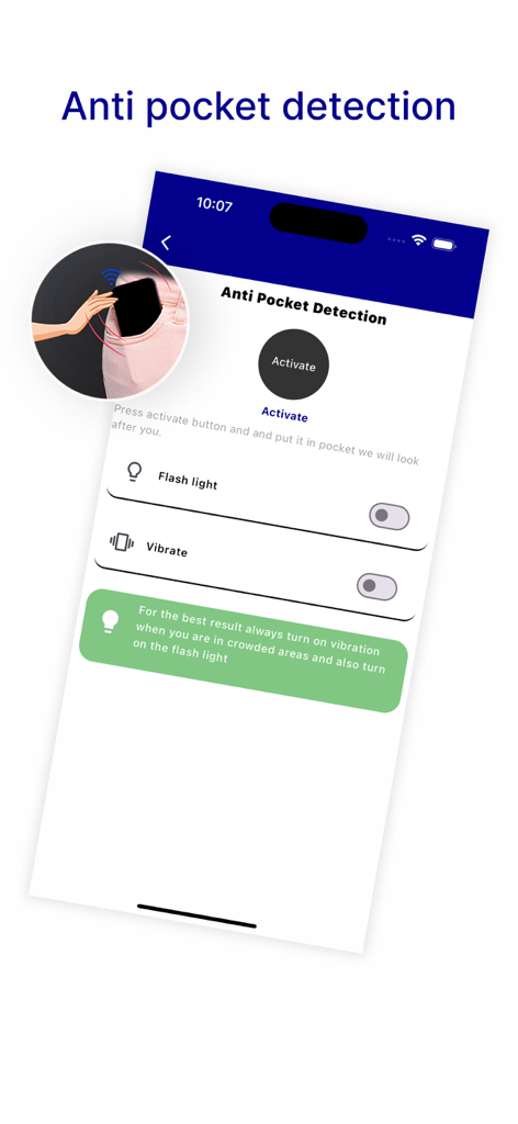 Anti Theft Alarm: Don't touch - Mobile app screen showing anti pocket detection feature with an activation button and flashlight and vibration settings