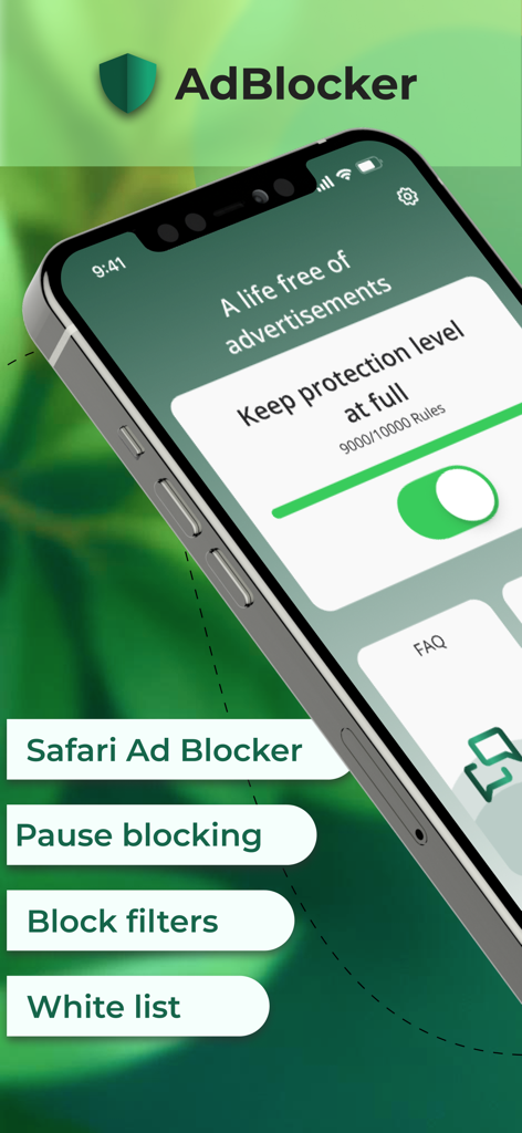 AI Ad Blocker: Safari Adblock - Interfaccia di AI Ad Blocker per Safari che mostra la modalità di protezione completa abilitata su un iPhone